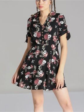 Hell Bunny Black Floral & Skull Mini Dress with Pink Roses alani